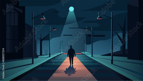 A lone figure walks down a dark deserted street the flickering streetlamp casting long sinister shadows that seem to follow and taunt them..