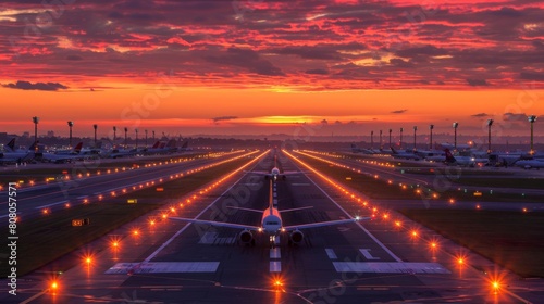 An airport runway at sunset, with planes lined up for departure, travel anticipation