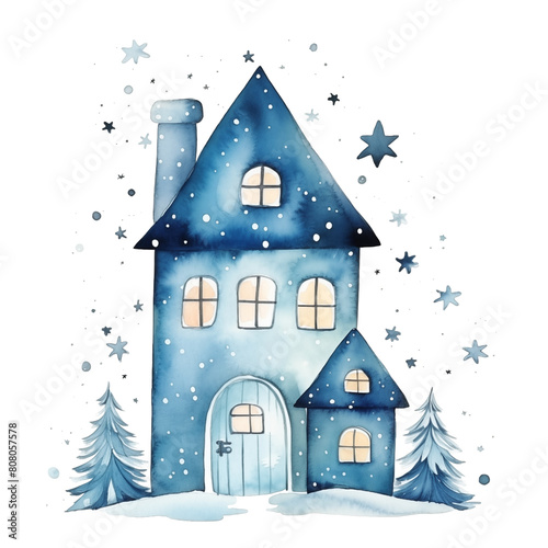 Watercolor blue winter house surrounded by snow and stars, isolated on white background. © Nataliia Pyzhova