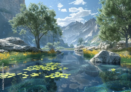 Fantasy landscape with mountains, lake and trees © duyina1990