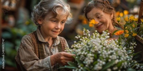 On May 1st, the child presented a blooming lily of the valley to his grandmother. Mother’s Day, family affection, love,Blooming Love - A Heartwarming Mother's Day Celebration - 4K HD Wallpaper