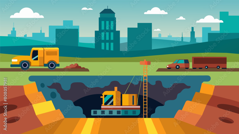 Underground tunnels being dug beneath the construction site to make way for the deep piles to be inserted.. Vector illustration