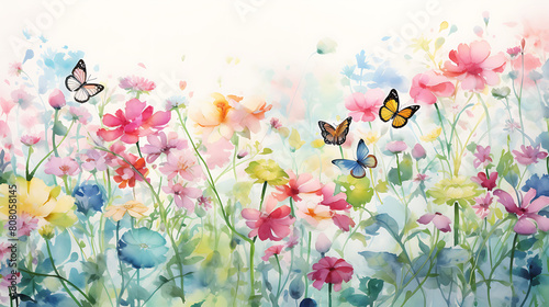 a watercolor background capturing the delicate beauty of a butterfly garden, with various species fluttering among the flowers
