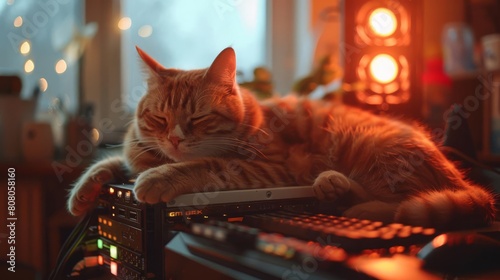 A coder working in a softly lit room with a cat lying atop the warm computer case, purring contentedly photo