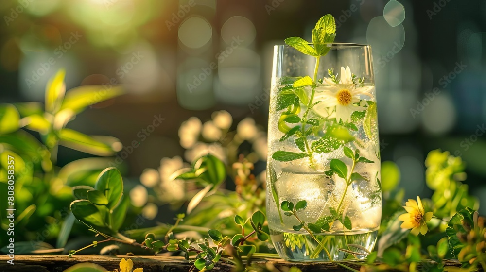 A gin tonic glass merging with a botanical garden scene, highlighting the herbal and floral notes of the drink