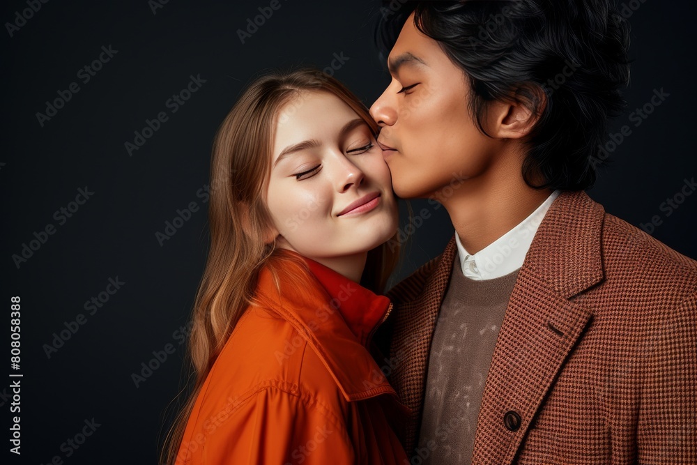 A sweet couple is expressing their royal relationship to each other by kissing on the cheek gently and romantically. A sweet couple is expressing their royal relationship to each other by kissing on the cheek gently and romantically.