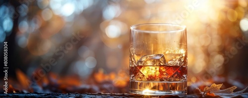 A double exposure of a whiskey glass with a smoky, wooded area, conveying the earthy tones of aged spirits photo