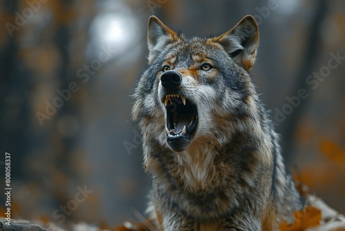 Portrait of a wolf with open mouth in the autumn forest