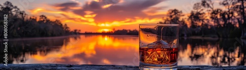 A glass of bourbon with a double exposure of a fiery sunset over a quiet, Southern bayou photo