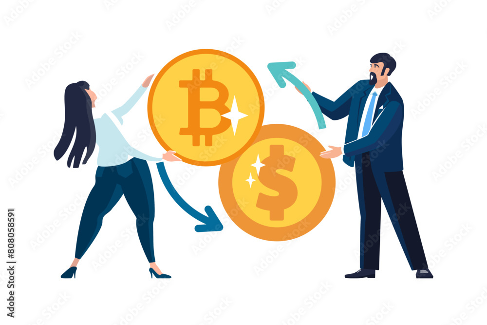 Vector illustrations. Financial transactions, penny transfers, banking transactions, gold coins, exchange between dollar and bitcoin. Business, businessman, business people, Europeans, team work Vector illustrations. Financial transactions, penny transfers, banking transactions, gold coins, exchange between dollar and bitcoin. Business, businessman, business people, Europeans, team work