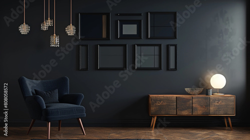 A stylish, dark interior living room showcasing a black wall accented with a gallery of minimalist art in slim, black frames. 