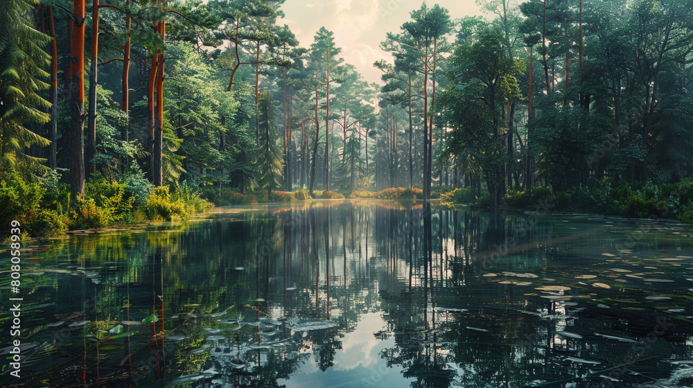 A tranquil forest pond surrounded by towering pine trees, their reflections mirrored perfectly in the still water. 