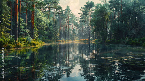 A tranquil forest pond surrounded by towering pine trees  their reflections mirrored perfectly in the still water. 
