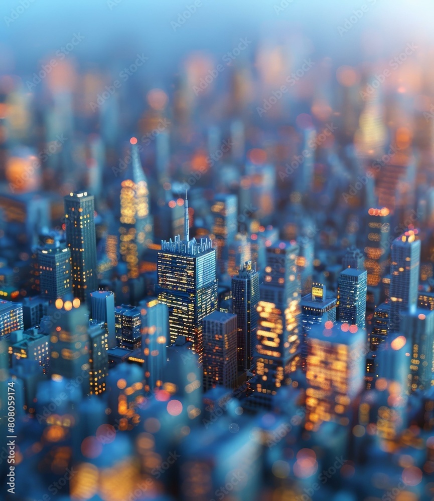 Fototapeta premium A miniature model of a city with skyscrapers and lights.