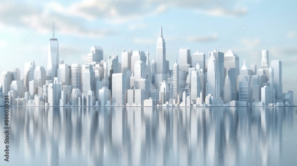 A 3D rendering of a city skyline with white buildings and a blue sky A 3D rendering of a city skyline with white buildings and a blue sky