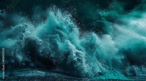 A sudden burst of turquoise and teal powder, capturing the essence of a tropical sea wave crashing against a night sky, with each grain of powder detailed and vivid.