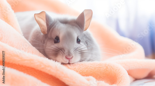 Cute chinchilla snuggled up in a fluffy blanket, Comfy, Staycation, Cozy