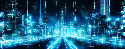Futuristic cityscape at night with glowing neon lights and sleek skyscrapers