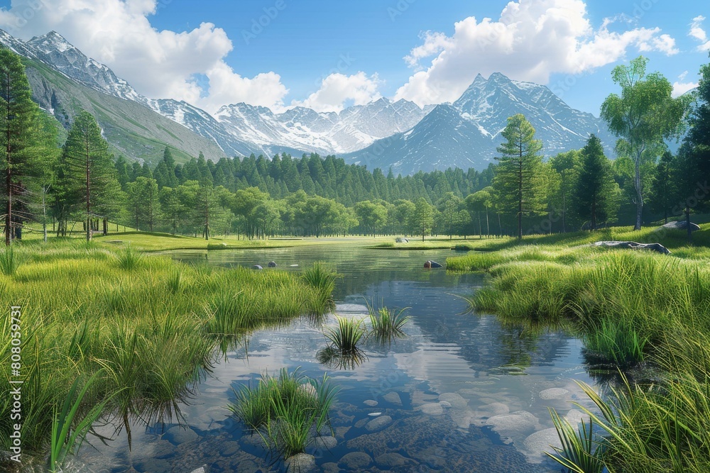 Tranquil mountain lake and green field landscape