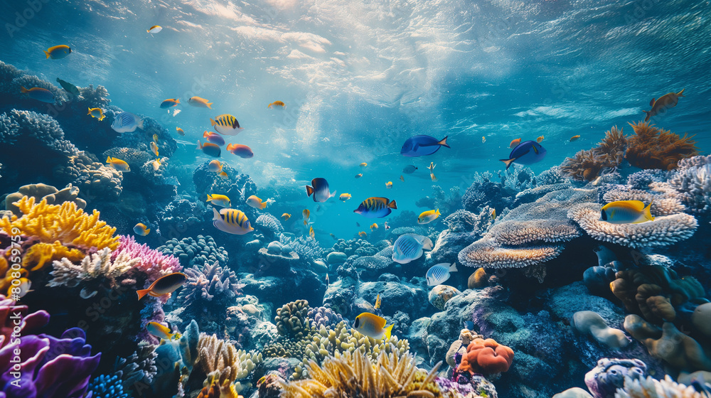 Obraz premium A vivid and dynamic underwater image showcasing the diverse fish species among the coral reef and sun rays