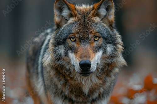 Portrait of a wolf in the autumn forest   Close-up
