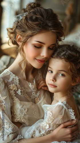 An elegant mother and daughter in vintage dresses
