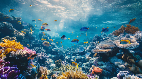 A vivid and dynamic underwater image showcasing the diverse fish species among the coral reef and sun rays