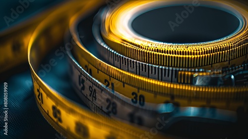 A close-up photograph of a retractable tape measure coiled up neatly, with inches and centimeters marked along its length and a sturdy metal clip attached  photo