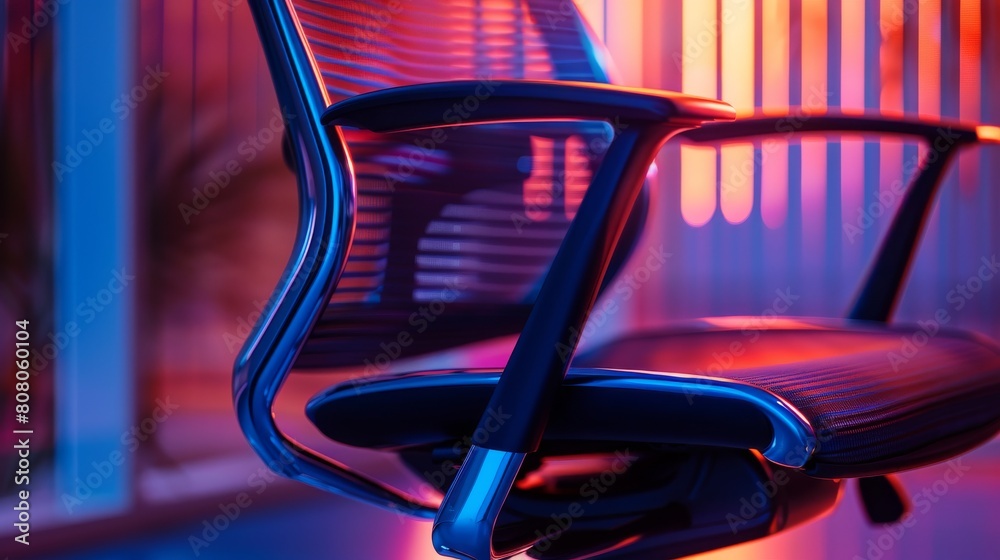 A close-up photograph of a modern ergonomic chair with sleek lines and adjustable features, designed for comfort and support in office environments