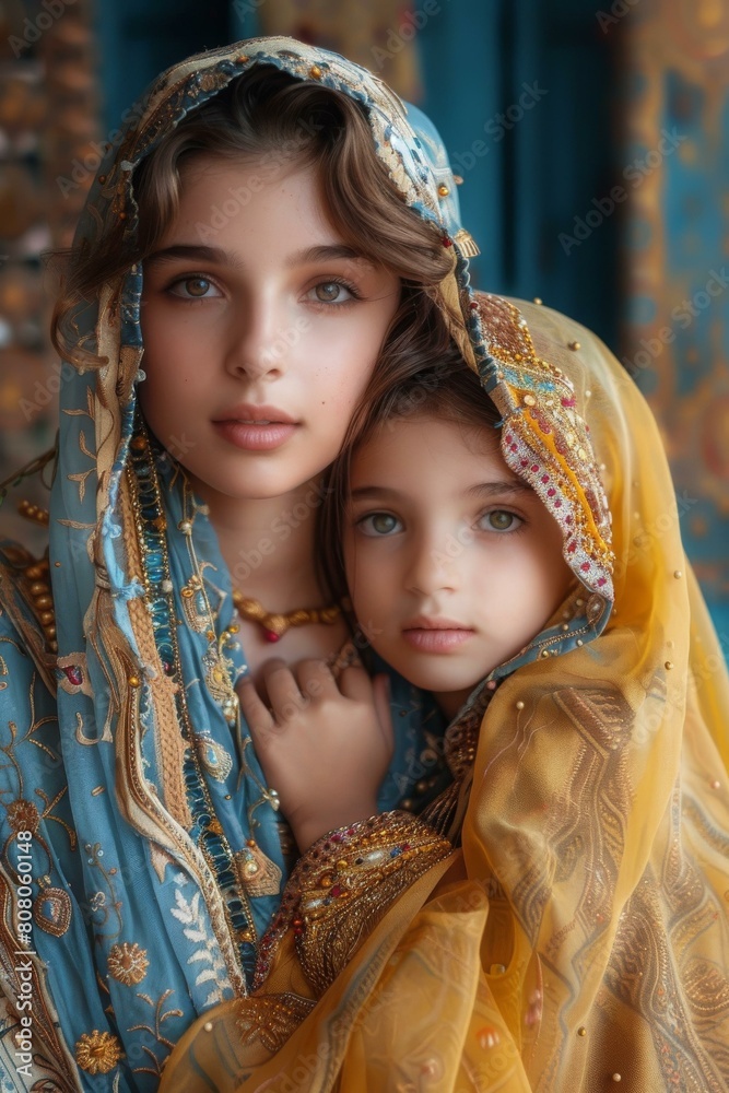 Two young girls in colorful traditional dresses Two young girls in colorful traditional dresses
