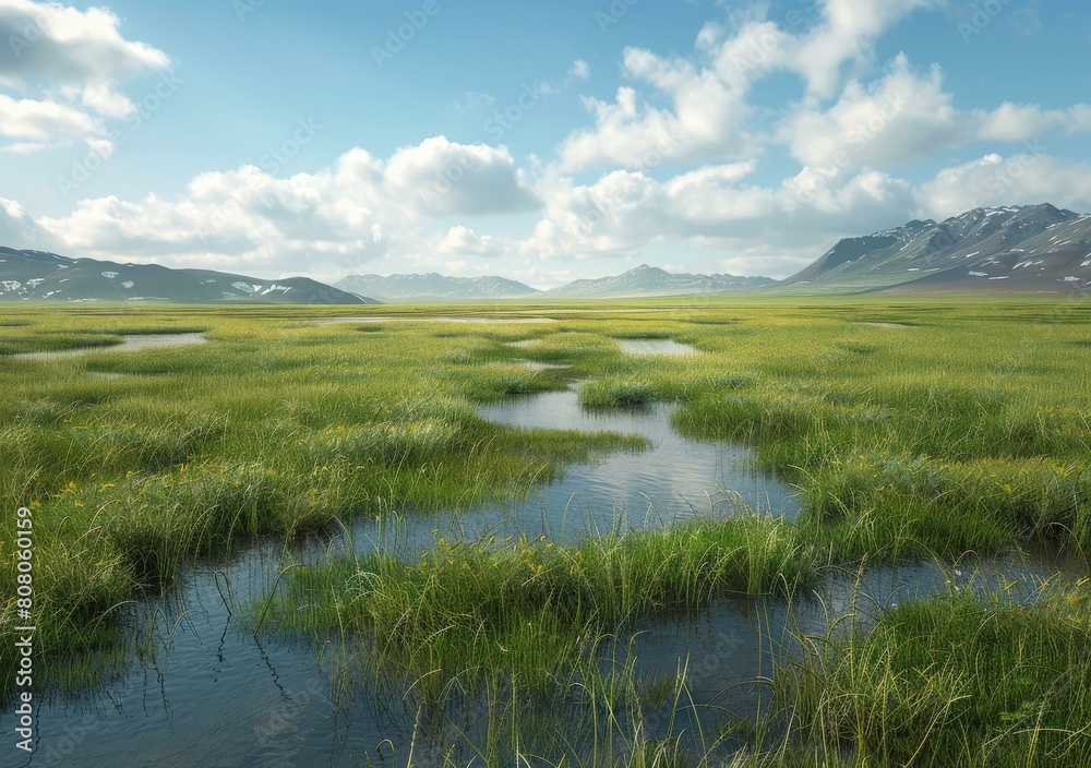 Green Grassy Field With Snow-capped Mountains In The Distance Green Grassy Field With Snow-capped Mountains In The Distance