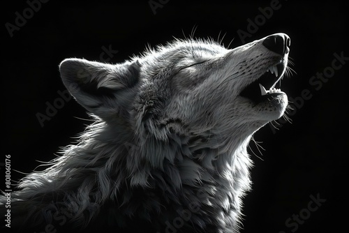Black and white portrait of a howling wolf on a black background