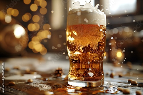 Pouring beer into glass on wooden table in pub, closeup