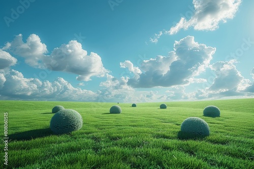 A relaxing illustration of a verdant island in the clouded sky, above the sea. Overall. The island indicates the abundance of grass and plants.
