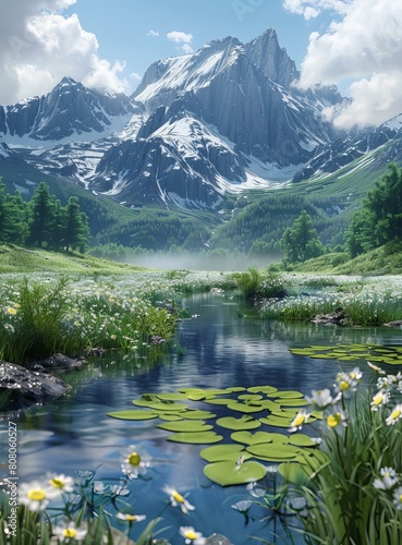 Alpine mountain landscape with river and flowers