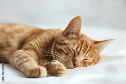 Cute ginger cat sleeping on white sheet, closeup,  Space for text © Picasso