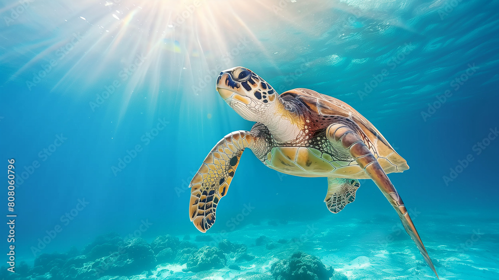Obraz premium A sea turtle swimming in the clear blue water of an ocean, sunlight filtering through the surface creating gentle ripples and illuminating marine life below.