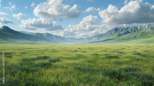 Vast green grassland landscape with mountains in the distance