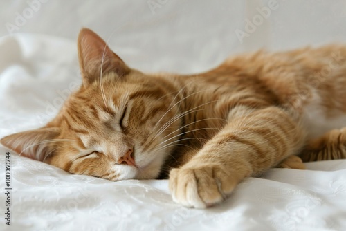 Cute ginger cat sleeping on white bedding,  Cozy home