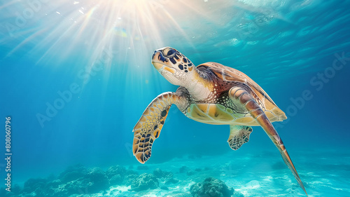 A sea turtle swimming in the clear blue water of an ocean, sunlight filtering through the surface creating gentle ripples and illuminating marine life below.