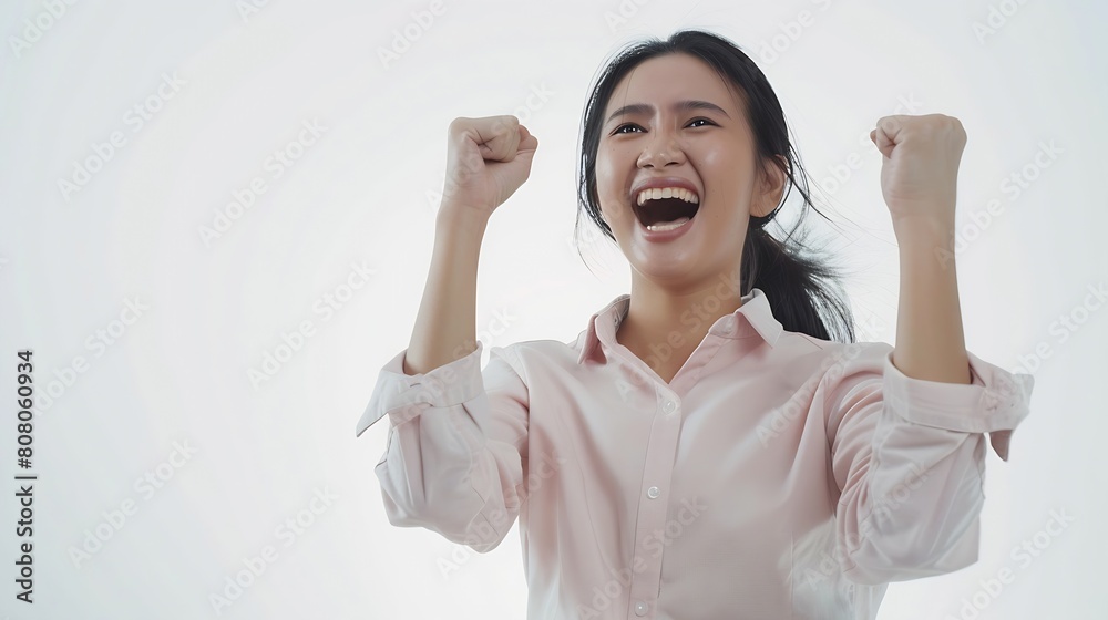 Enthusiastic asian woman rejoicing say yes looking happy and celebrating victory champion dance fist pump gesture standing over white background : Generative AI Enthusiastic asian woman rejoicing say yes looking happy and celebrating victory champion dance fist pump gesture standing over white background : Generative AI
