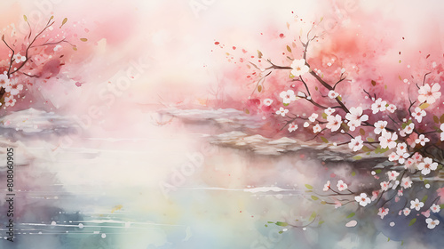 Create a watercolor background capturing the ethereal beauty of cherry blossoms in full bloom