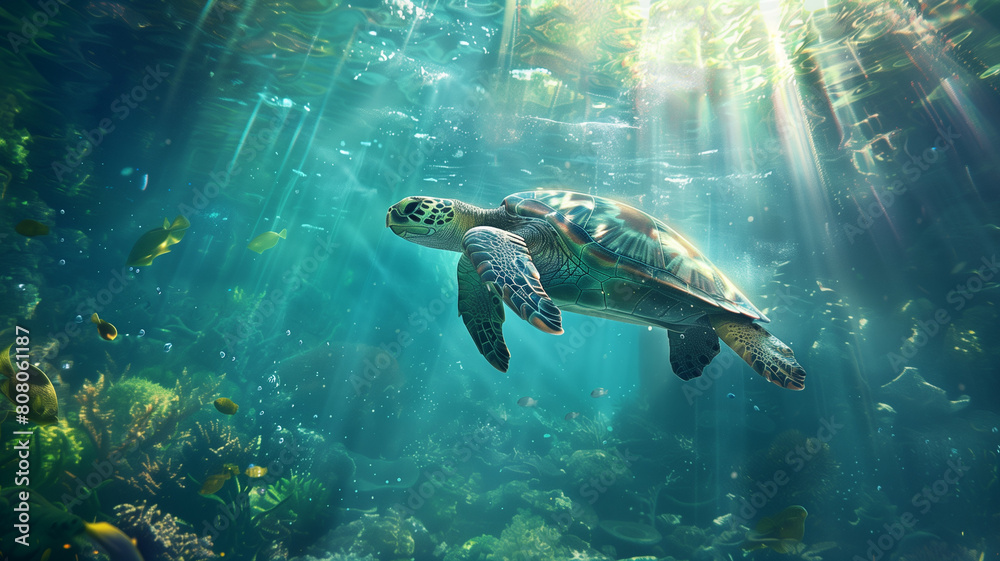 Fototapeta premium A sea turtle swimming in the clear blue water of an ocean, sunlight filtering through the surface creating gentle ripples and illuminating marine life below.