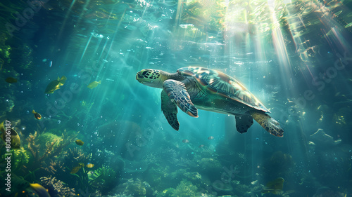 A sea turtle swimming in the clear blue water of an ocean, sunlight filtering through the surface creating gentle ripples and illuminating marine life below. © mister