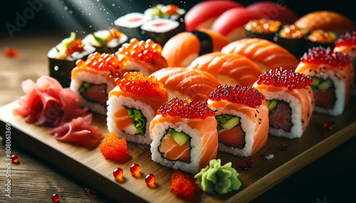 An assortment of sushi displayed on a wooden serving board. The sushi is carefully arranged in a row
