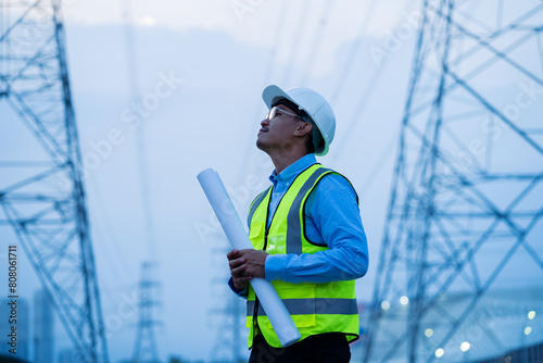 A man wearing a yellow vest and a hard hat is holding a piece of paper. He is standing in front of a power line