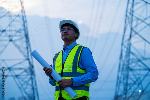 A man wearing a yellow vest and a hard hat is holding a white piece of paper. He is standing in front of a power line