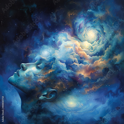 Healing mind in meditation and high energy of woman. Portrait of girl face with galaxy space with star light, cloud in sky. Human inner peace, experience and energy in life