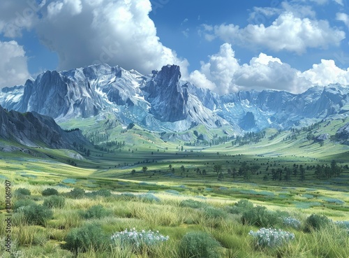 Fantasy landscape with mountains and grassy field