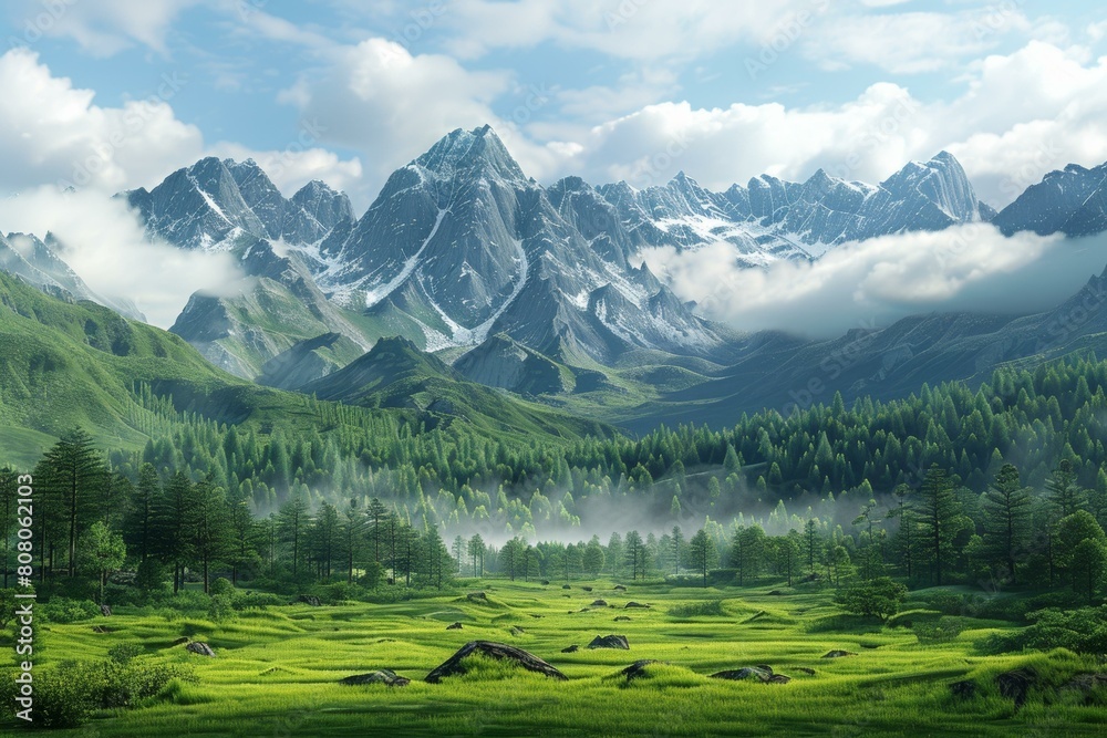 majestic mountains with green valley and trees